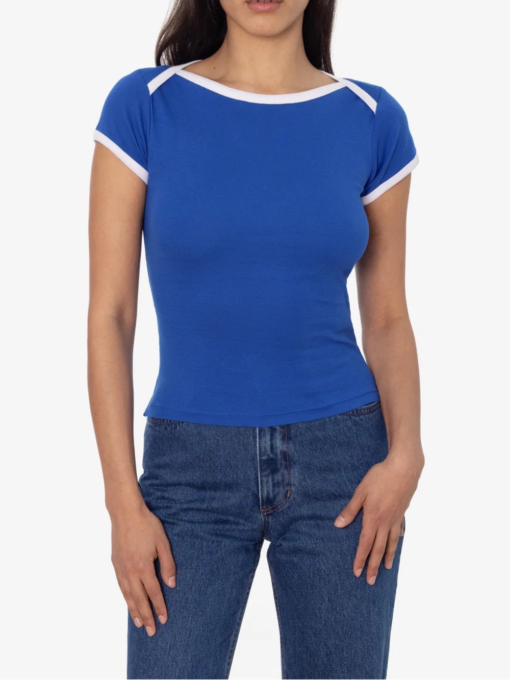 Los Angeles Apparel BABY RIB LAP NECK T-SHIRT size MEDIUM in Royal/white